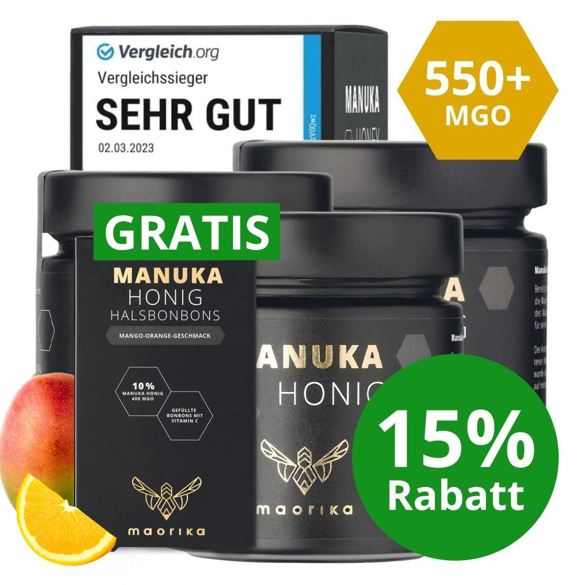 3x Manuka Honig MGO 550+ - 250g + GRATIS Manuka Halsbonbons Mango Orange