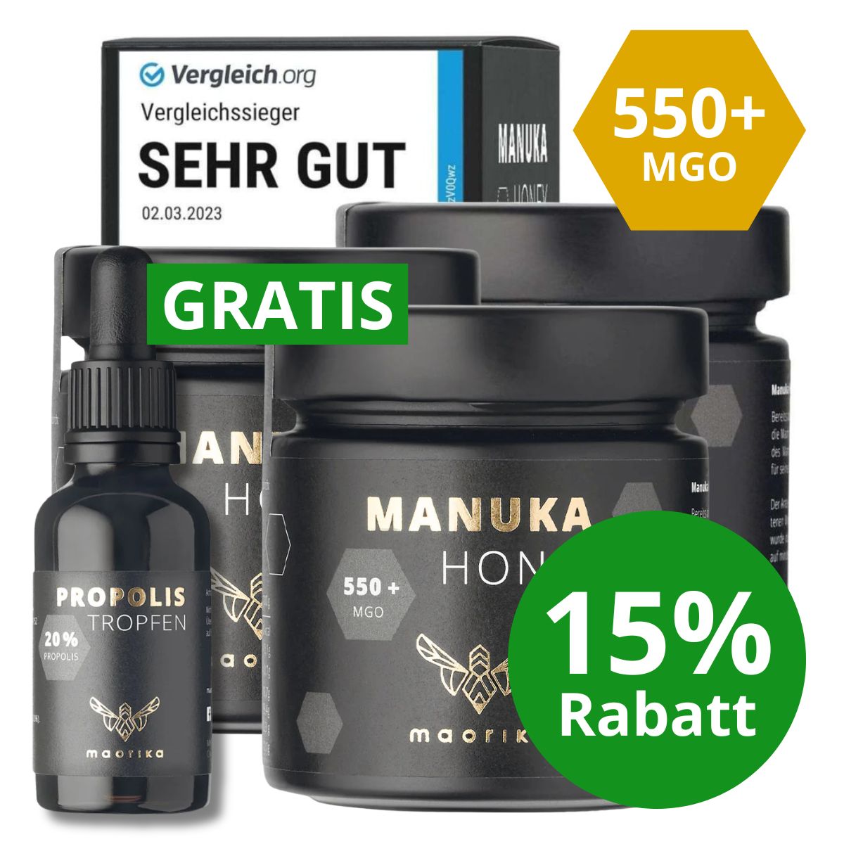 3x Manuka Honig MGO 550+ - 250g + GRATIS Propolis Tinktur 12%